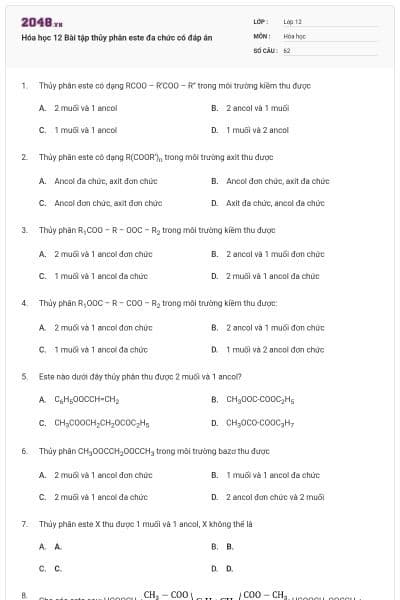 Hóa học 12 Bài tập thủy phân este đa chức có đáp án