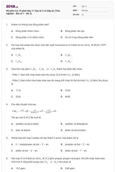 Đề kiểm tra 15 phút Hóa 11 Học kì 2 có đáp án (Trắc nghiệm - Bài số 1 - Đề 2)