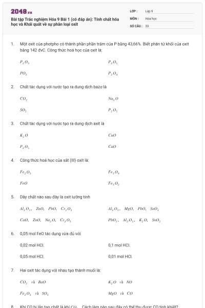 Bài tập Trắc nghiệm Hóa 9 Bài 1 (có đáp án): Tính chất hóa học và Khái quát về sự phân loại oxit