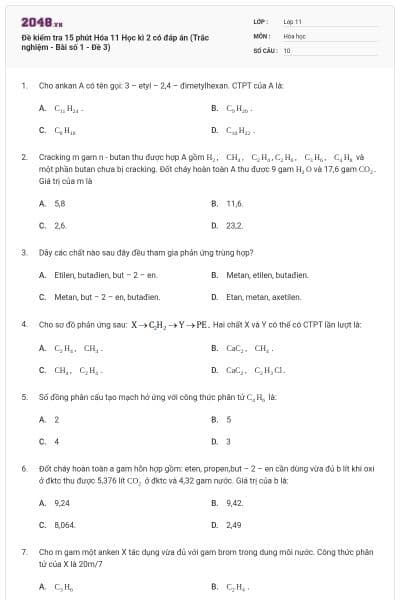 Đề kiểm tra 15 phút Hóa 11 Học kì 2 có đáp án (Trắc nghiệm - Bài số 1 - Đề 3)