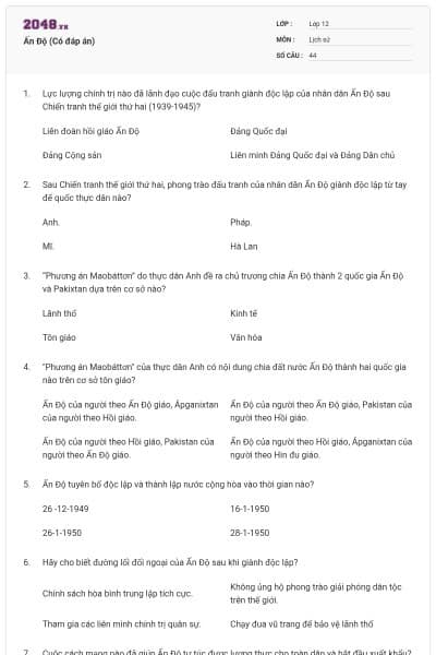 Ấn Độ (Có đáp án)