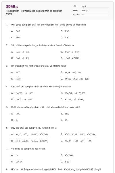 Trắc nghiệm Hóa 9 Bài 2 (có đáp án): Một số oxit quan trọng
