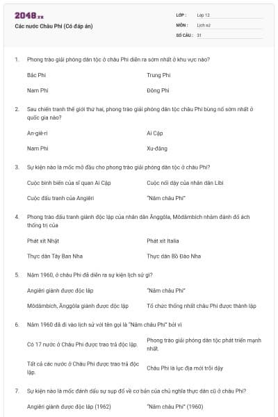Các nước Châu Phi (Có đáp án)