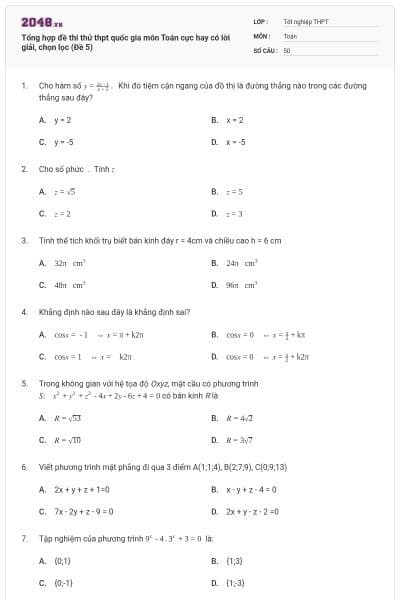 Tổng hợp đề thi thử thpt quốc gia môn Toán cực hay có lời giải, chọn lọc (Đề 5)