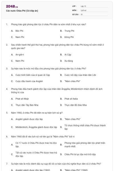 Các nước Châu Phi (Có đáp án)