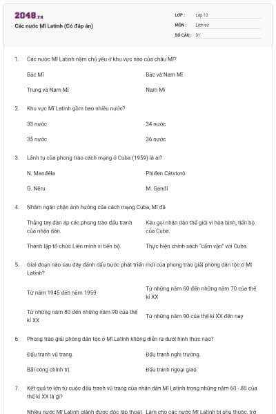 Các nước Mĩ Latinh (Có đáp án)