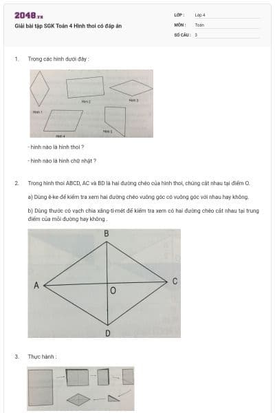 Giải bài tập SGK Toán 4 Hình thoi có đáp án