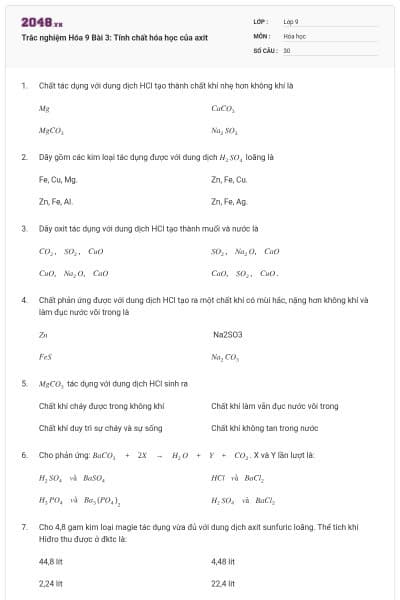Trắc nghiệm Hóa 9 Bài 3: Tính chất hóa học của axit