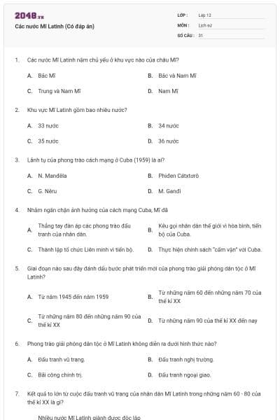 Các nước Mĩ Latinh (Có đáp án)