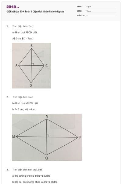 Giải bài tập SGK Toán 4 Diện tích hình thoi có đáp án