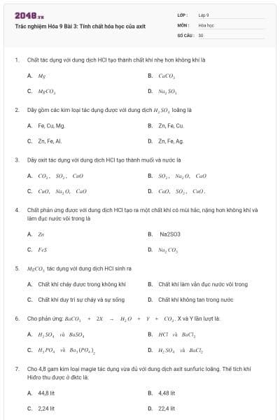 Trắc nghiệm Hóa 9 Bài 3: Tính chất hóa học của axit