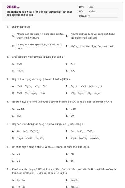 Trắc nghiệm Hóa 9 Bài 5 (có đáp án): Luyện tập: Tính chất hóa học của oxit và axit