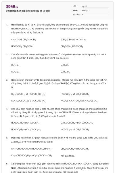 29 Bài tập hỗn hợp este cực hay có lời giải