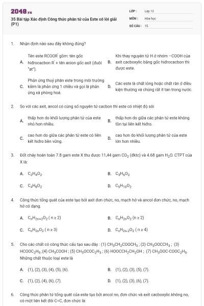 35 Bài tập Xác định Công thức phân tử của Este có lời giải (P1)