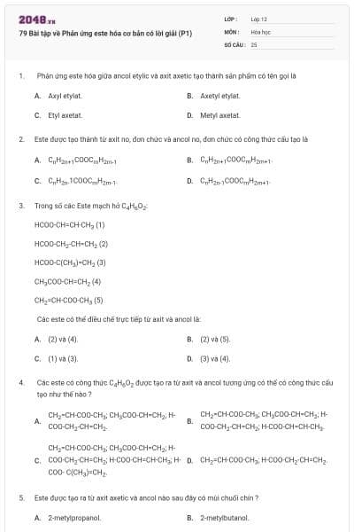 79 Bài tập về Phản ứng este hóa cơ bản có lời giải (P1)