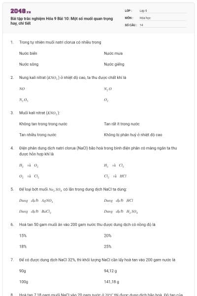 Bài tập trắc nghiệm Hóa 9 Bài 10: Một số muối quan trọng hay, chi tiết