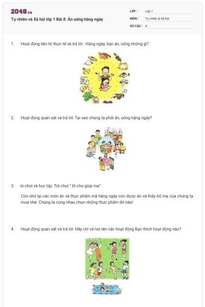 Tự nhiên và Xã hội lớp 1 Bài 8: Ăn uống hàng ngày