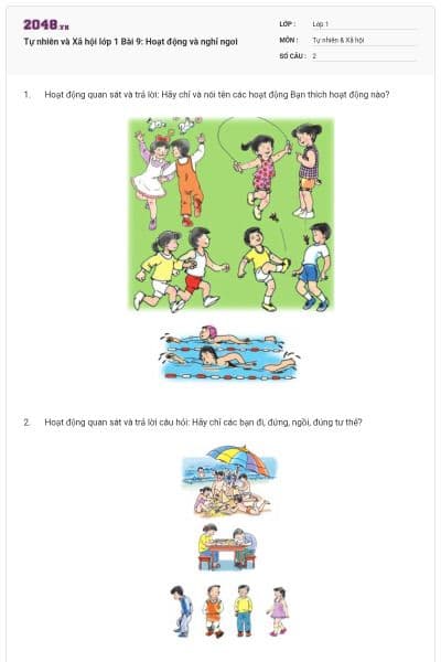 Tự nhiên và Xã hội lớp 1 Bài 9: Hoạt động và nghỉ ngơi