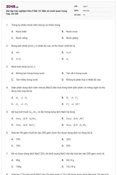 Bài tập trắc nghiệm Hóa 9 Bài 10: Một số muối quan trọng hay, chi tiết