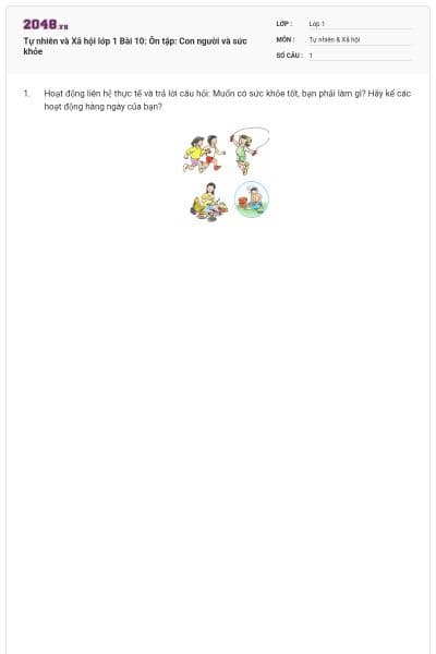 Tự nhiên và Xã hội lớp 1 Bài 10: Ôn tập: Con người và sức khỏe