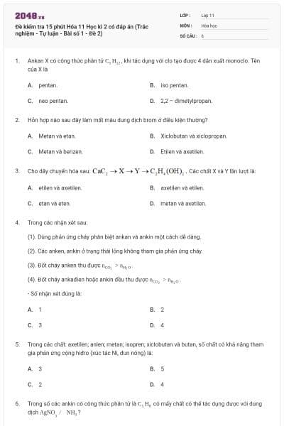 Đề kiểm tra 15 phút Hóa 11 Học kì 2 có đáp án (Trắc nghiệm - Tự luận - Bài số 1 - Đề 2)