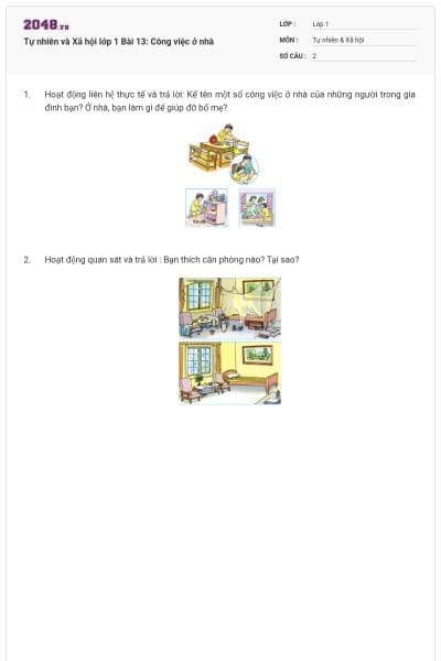 Tự nhiên và Xã hội lớp 1 Bài 13: Công việc ở nhà
