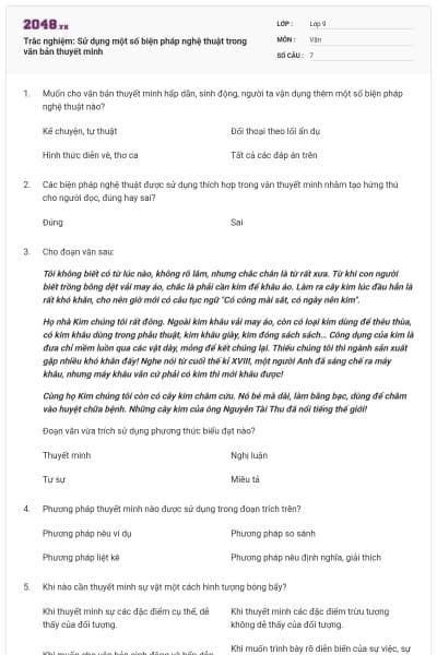 Trắc nghiệm: Sử dụng một số biện pháp nghệ thuật trong văn bản thuyết minh