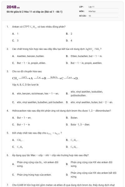 Đề thi giữa kì 2 Hóa 11 có đáp án (Bài số 1 - Đề 1)