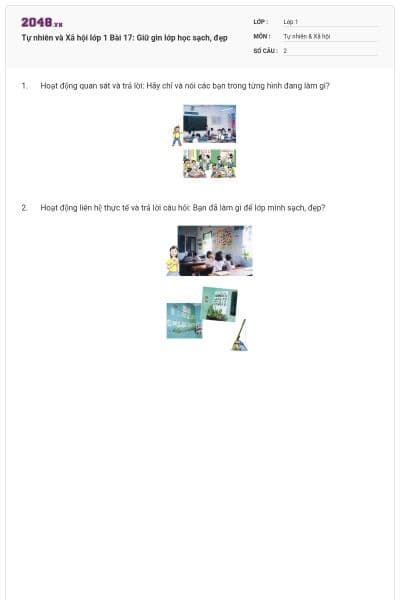 Tự nhiên và Xã hội lớp 1 Bài 17: Giữ gìn lớp học sạch, đẹp