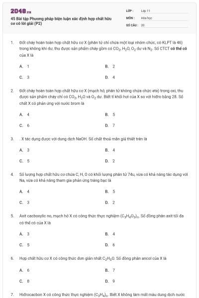 45 Bài tập Phương pháp biện luận xác định hợp chất hữu cơ có lời giải (P2)