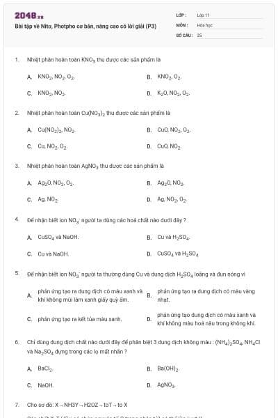 Bài tập về Nitơ, Photpho cơ bản, nâng cao có lời giải (P3)