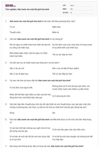 Trắc nghiệm: Đấu tranh cho một thế giới hòa bình