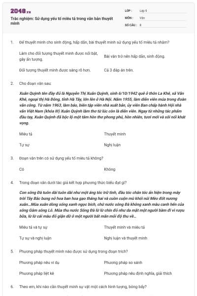Trắc nghiệm: Sử dụng yếu tố miêu tả trong văn bản thuyết minh