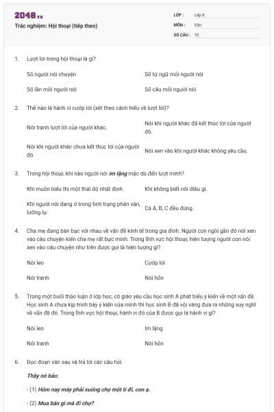 Trắc nghiệm: Hội thoại (tiếp theo)