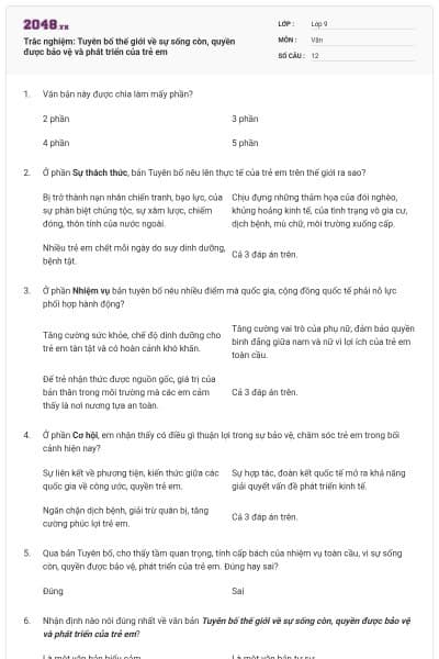 Trắc nghiệm: Tuyên bố thế giới về sự sống còn, quyền được bảo vệ và phát triển của trẻ em