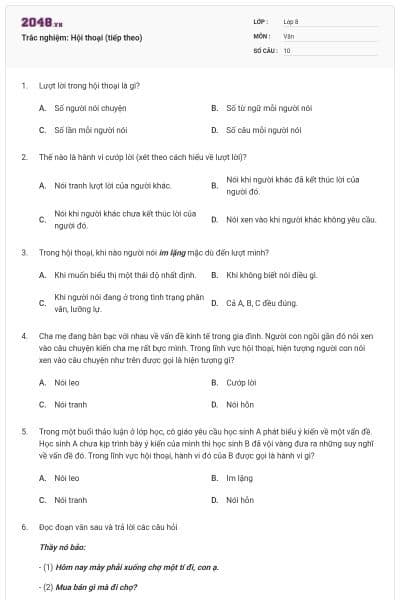 Trắc nghiệm: Hội thoại (tiếp theo)