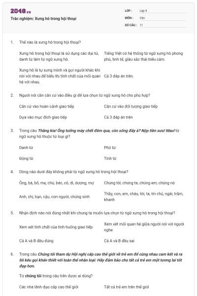 Trắc nghiệm: Xưng hô trong hội thoại