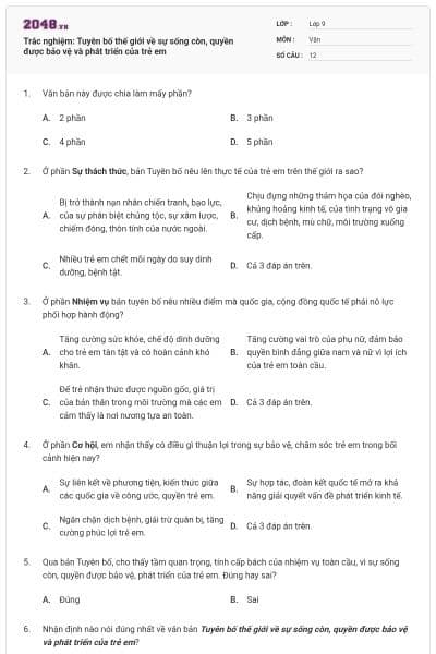 Trắc nghiệm: Tuyên bố thế giới về sự sống còn, quyền được bảo vệ và phát triển của trẻ em
