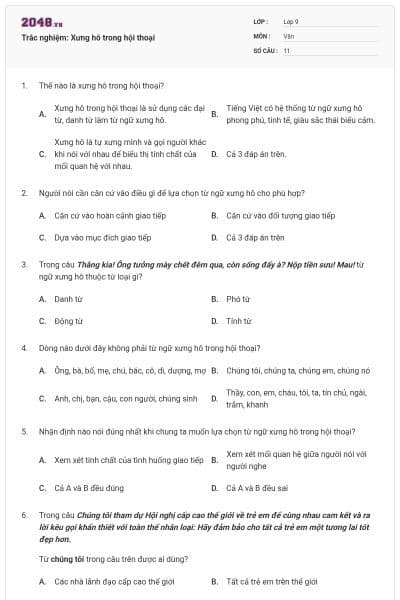 Trắc nghiệm: Xưng hô trong hội thoại