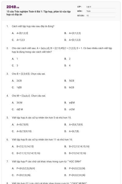 15 câu Trắc nghiệm Toán 6 Bài 1: Tập hợp, phần tử của tập hợp có đáp án
