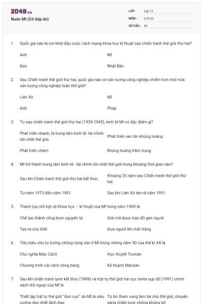 Nước Mĩ (Có đáp án)