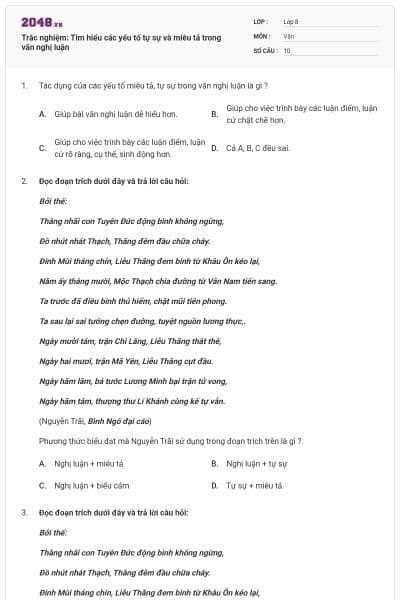 Trắc nghiệm: Tìm hiểu các yếu tố tự sự và miêu tả trong văn nghị luận