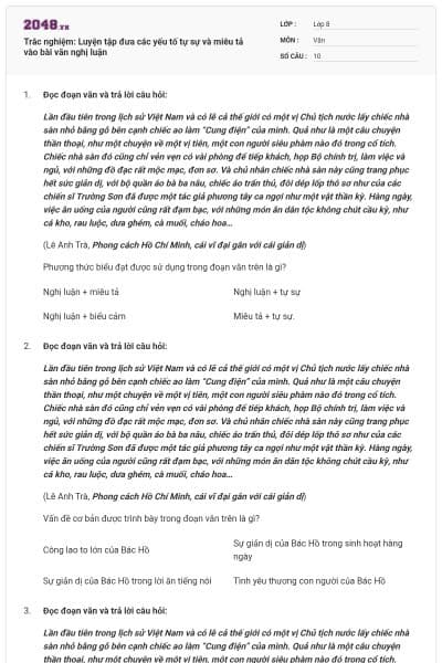 Trắc nghiệm: Luyện tập đưa các yếu tố tự sự và miêu tả vào bài văn nghị luận