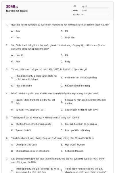 Nước Mĩ (Có đáp án)