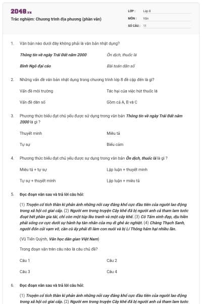 Trắc nghiệm: Chương trình địa phương (phần văn)