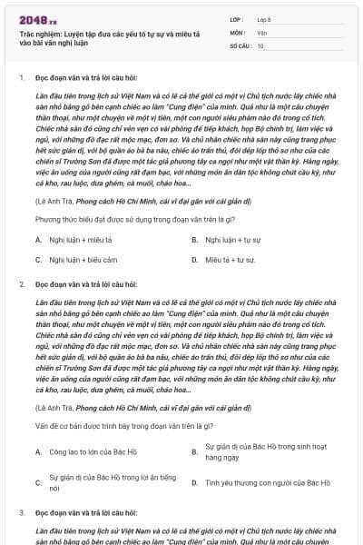 Trắc nghiệm: Luyện tập đưa các yếu tố tự sự và miêu tả vào bài văn nghị luận