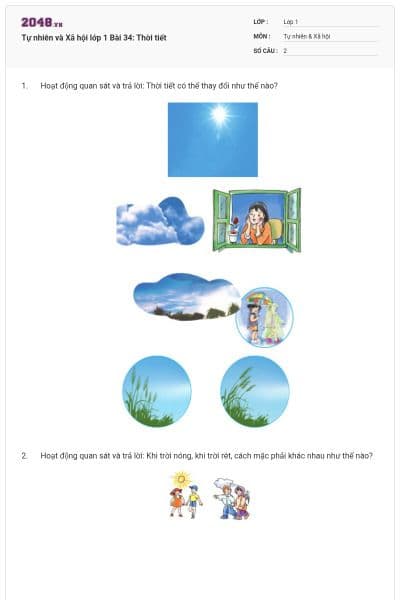 Tự nhiên và Xã hội lớp 1 Bài 34: Thời tiết