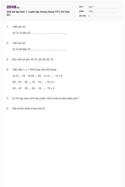 Giải bài tập toán 1: Luyện tập chung (trang 147) (Có đáp án)
