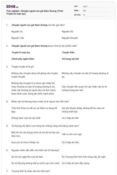 Trắc nghiệm: Chuyện người con gái Nam Xương (Trích Truyền kì mạn lục)