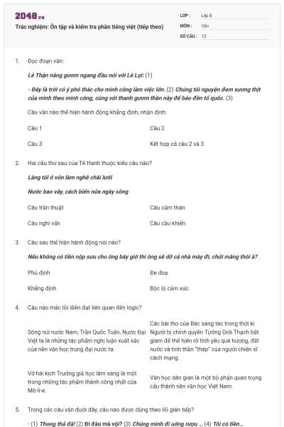 Trắc nghiệm: Ôn tập và kiểm tra phần tiếng việt (tiếp theo)